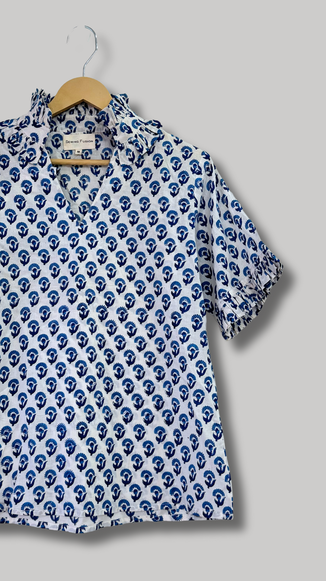 White Block Printed Top With Frilled Sleeves