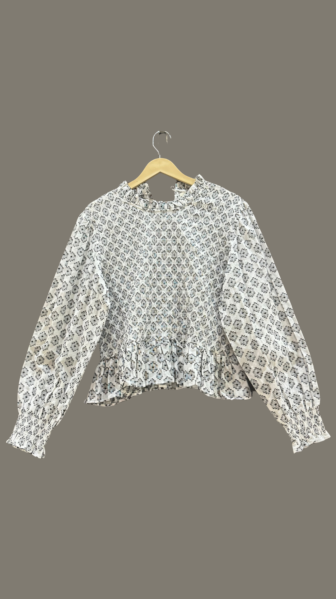 White Block Print Smocked Top