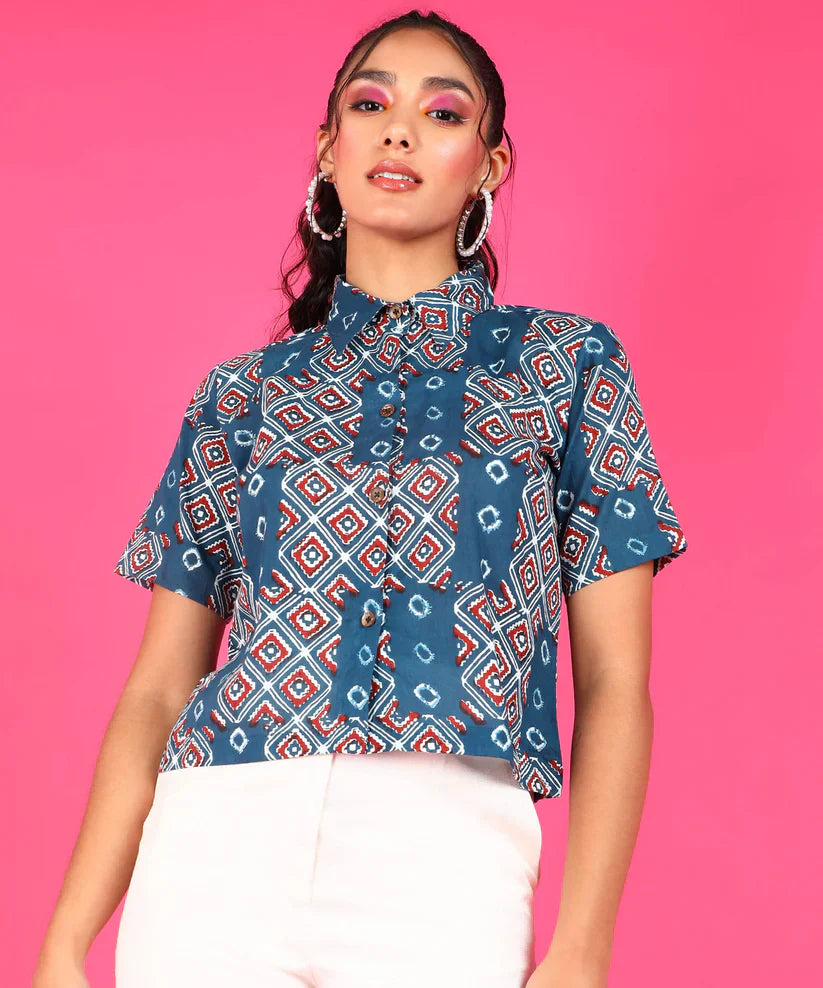 Blue Block Printed Cotton Shirt