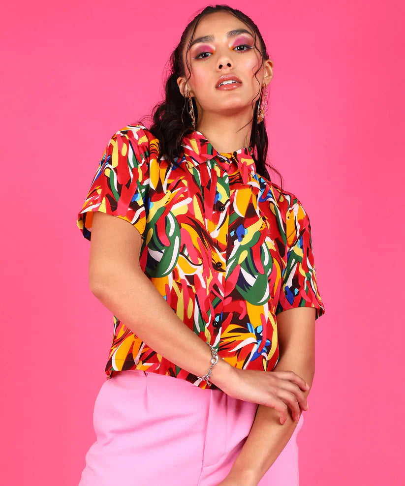 Multicolour Abstract Print Crepe Button Down Shirt