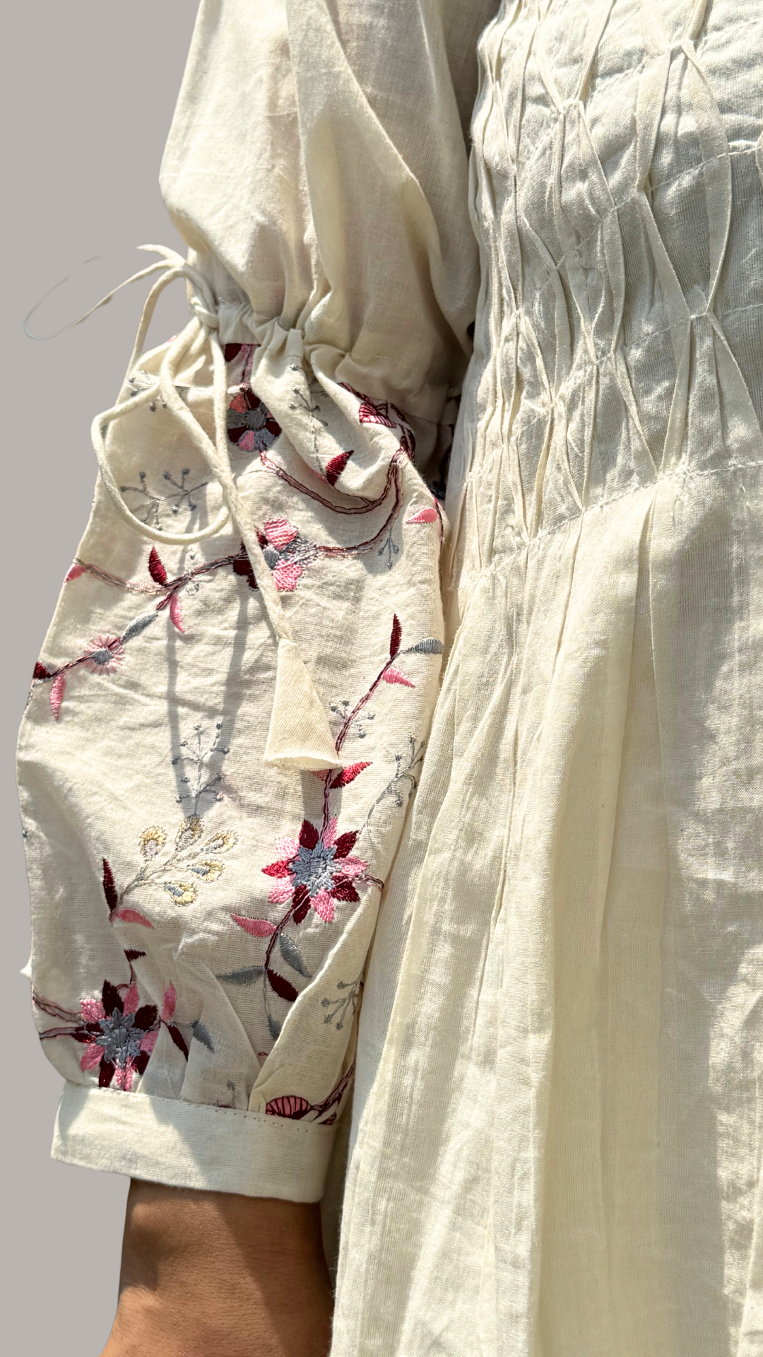 Cream Hand Embroidered Whispering Blossoms Co-ord Set With Pin Tuck Detailing