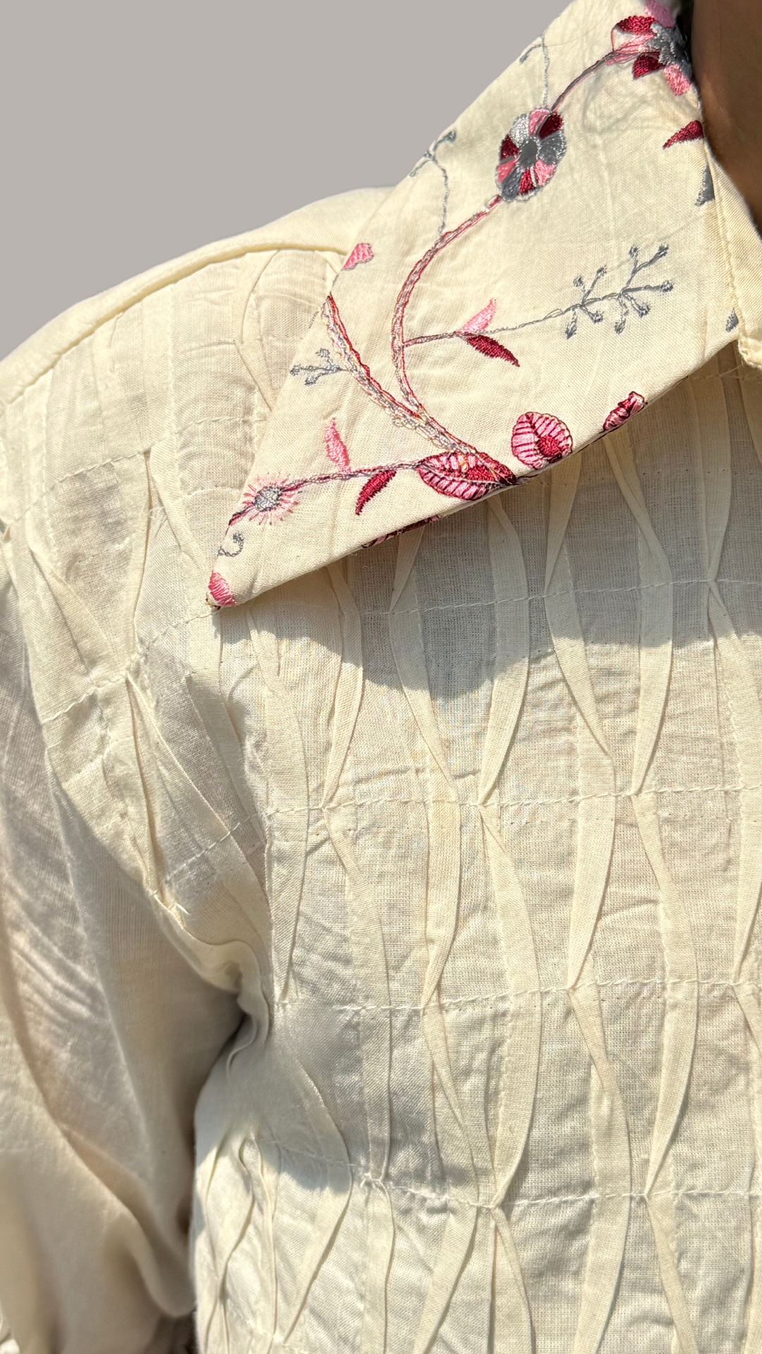 Cream Hand Embroidered Whispering Blossoms Co-ord Set With Pin Tuck Detailing
