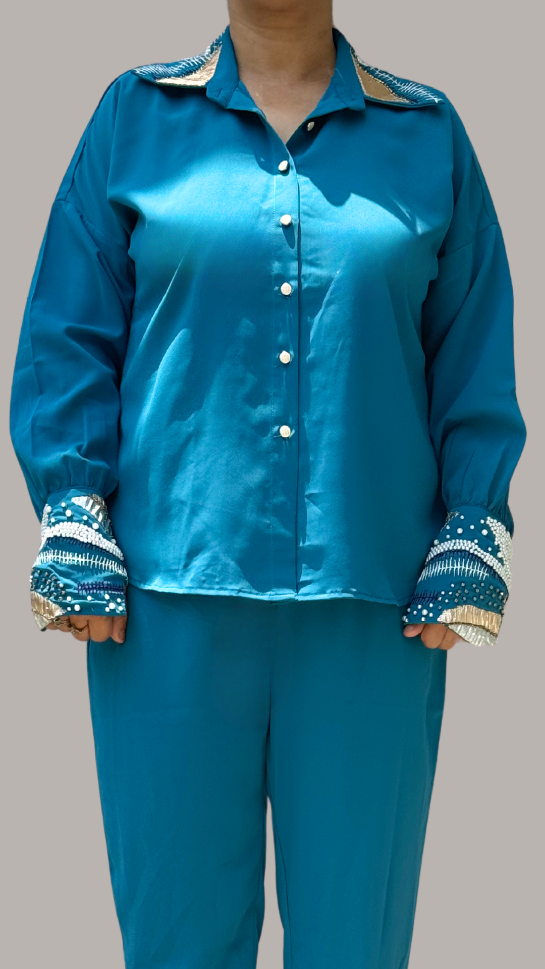 Teal Blue Pearl Elegance Ensemble Co-ord Set