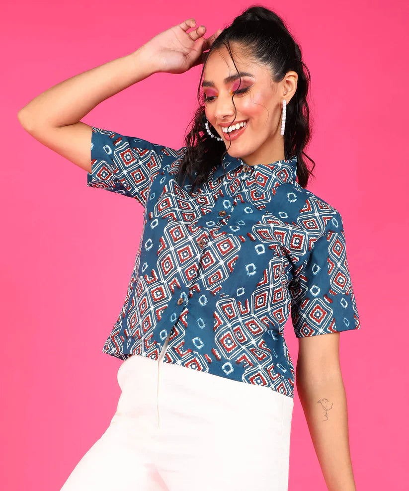 Blue Block Printed Cotton Shirt
