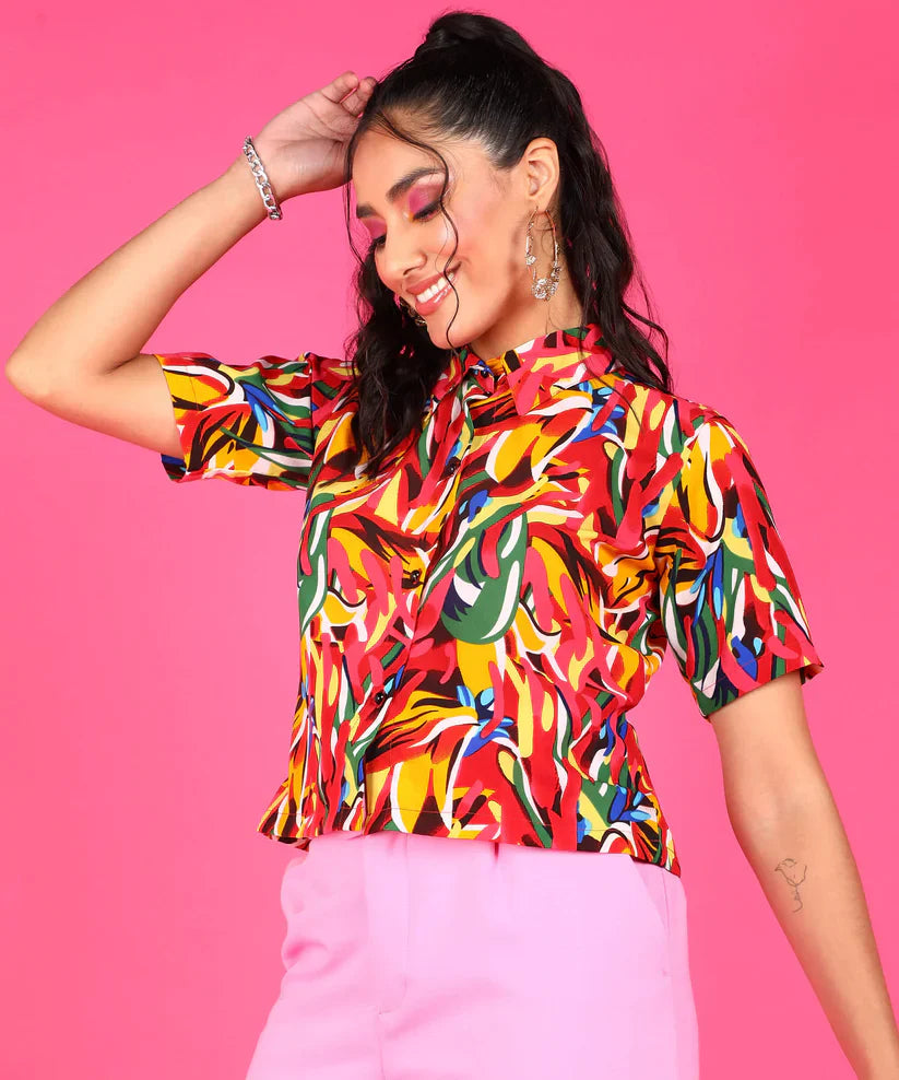 Multicolour Abstract Print Crepe Button Down Shirt