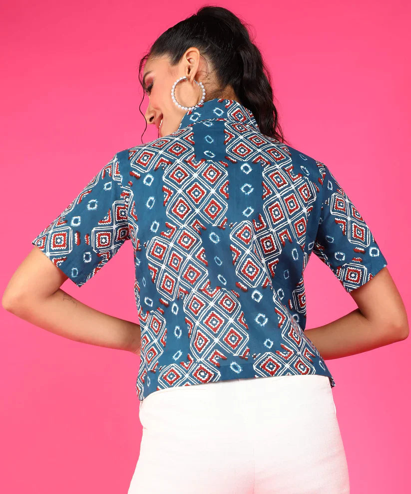 Blue Block Printed Cotton Shirt