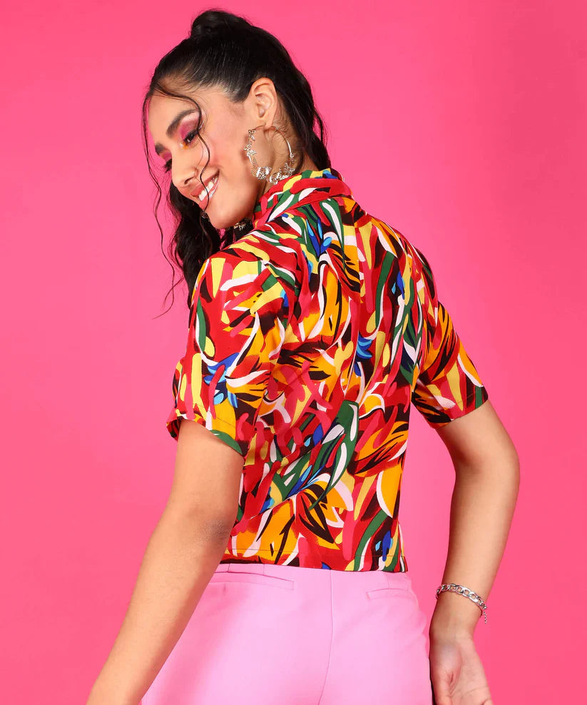 Multicolour Abstract Print Crepe Button Down Shirt