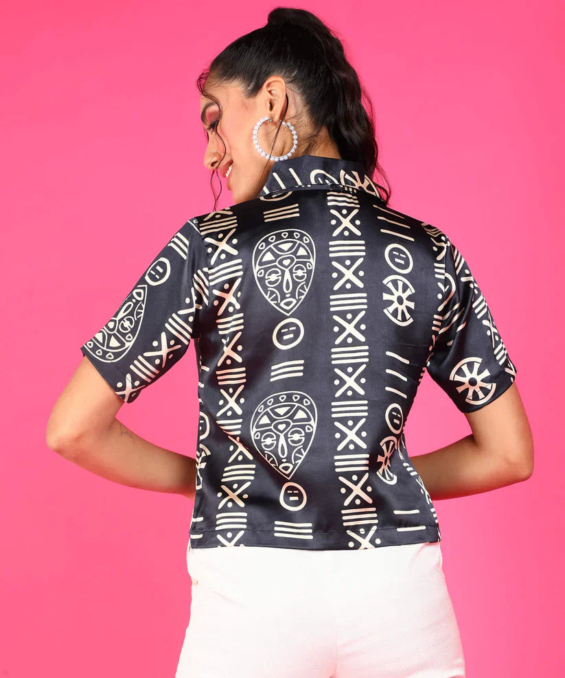 Tribal Print Satin Button Down Shirt