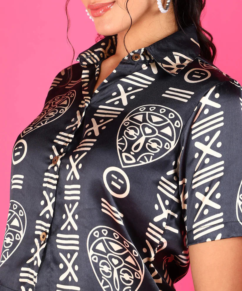 Tribal Print Satin Button Down Shirt