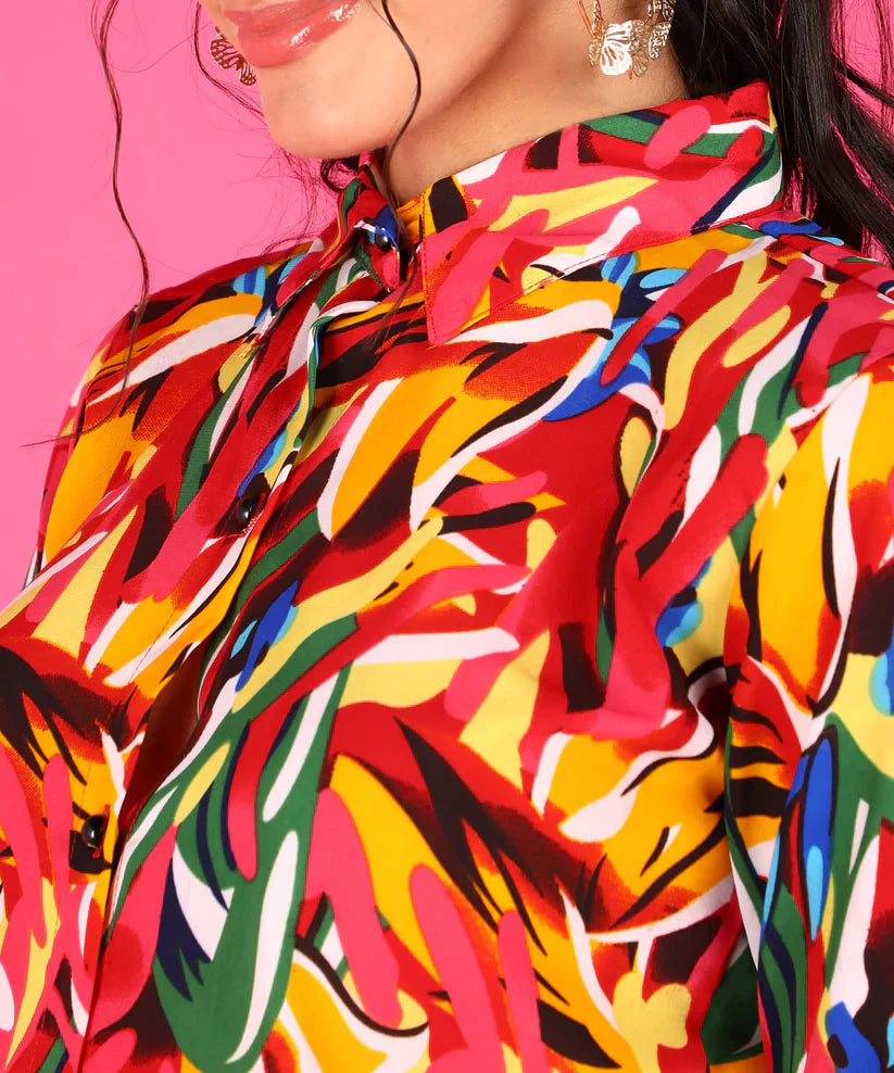 Multicolour Abstract Print Crepe Button Down Shirt