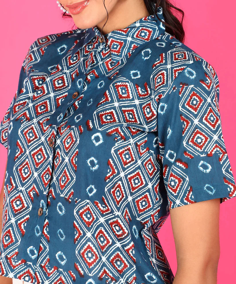 Blue Block Printed Cotton Shirt