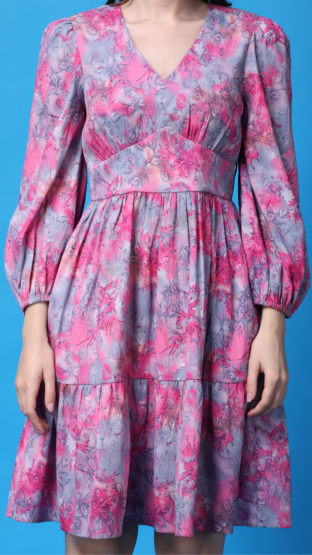 Elegant Multicolour Balloon Sleeves Tiered Dress