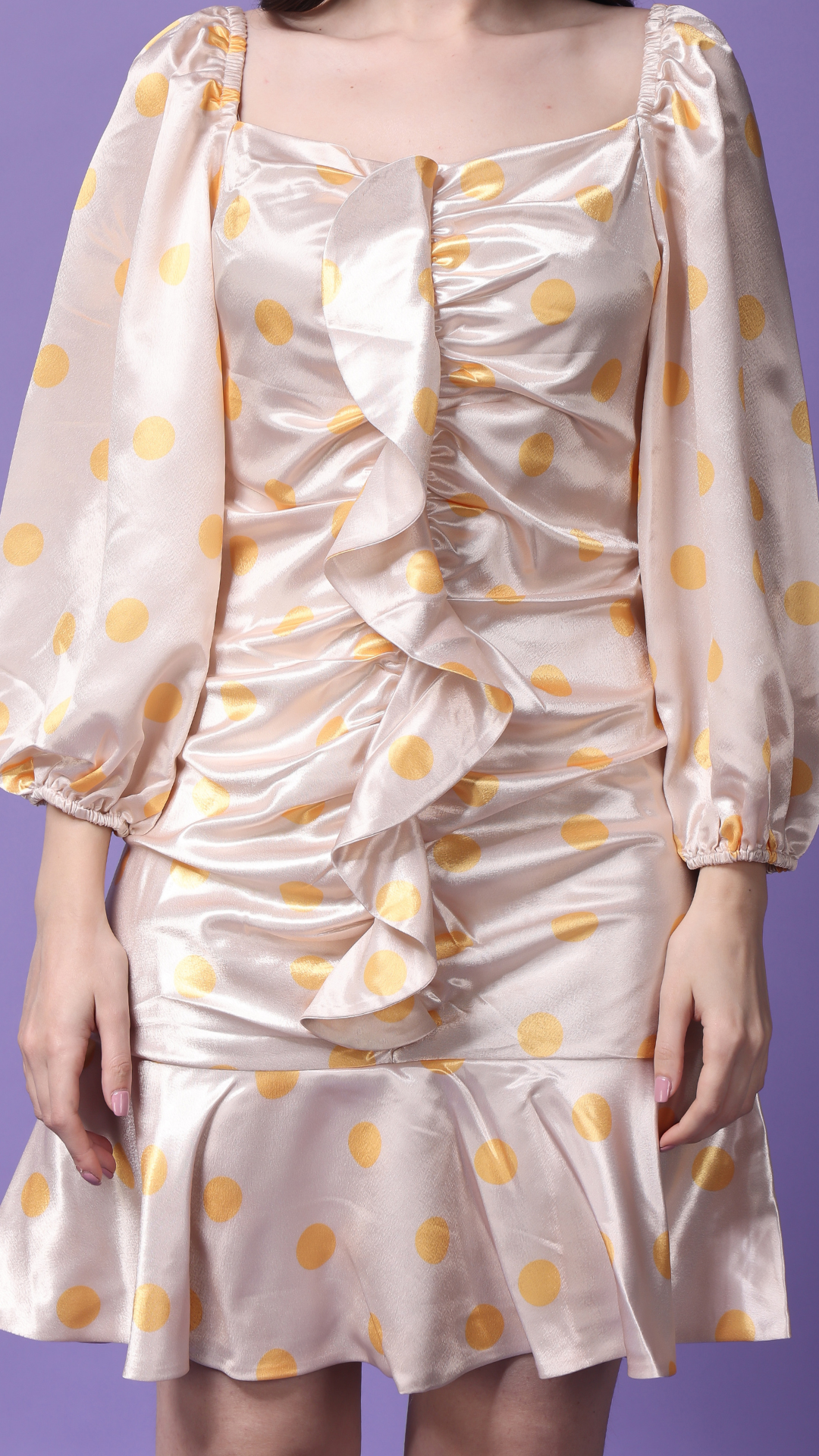 Cream Polka Print Balloon Sleeves Ruffled Dress