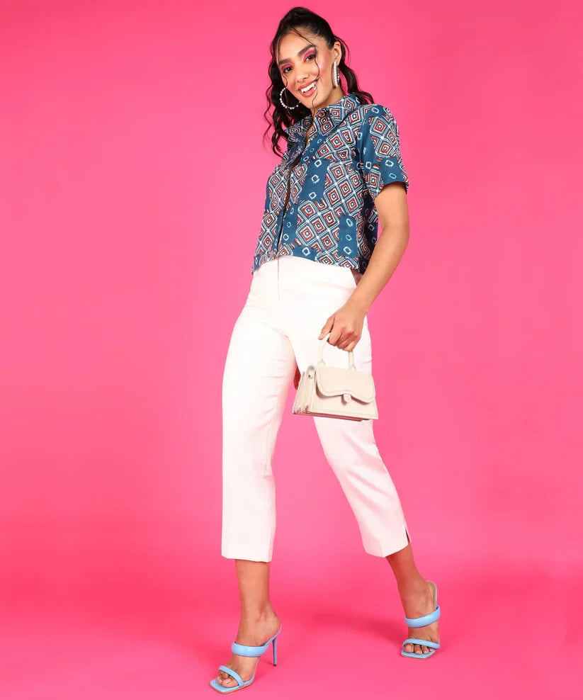 Blue Block Printed Cotton Shirt