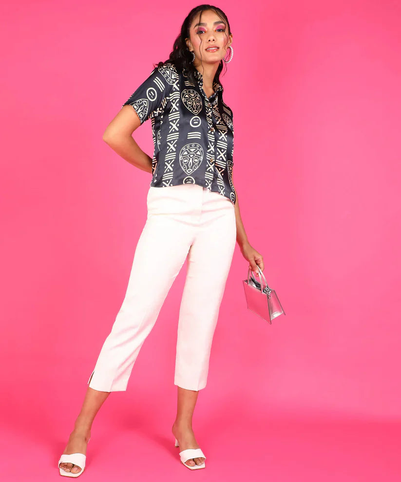 Tribal Print Satin Button Down Shirt