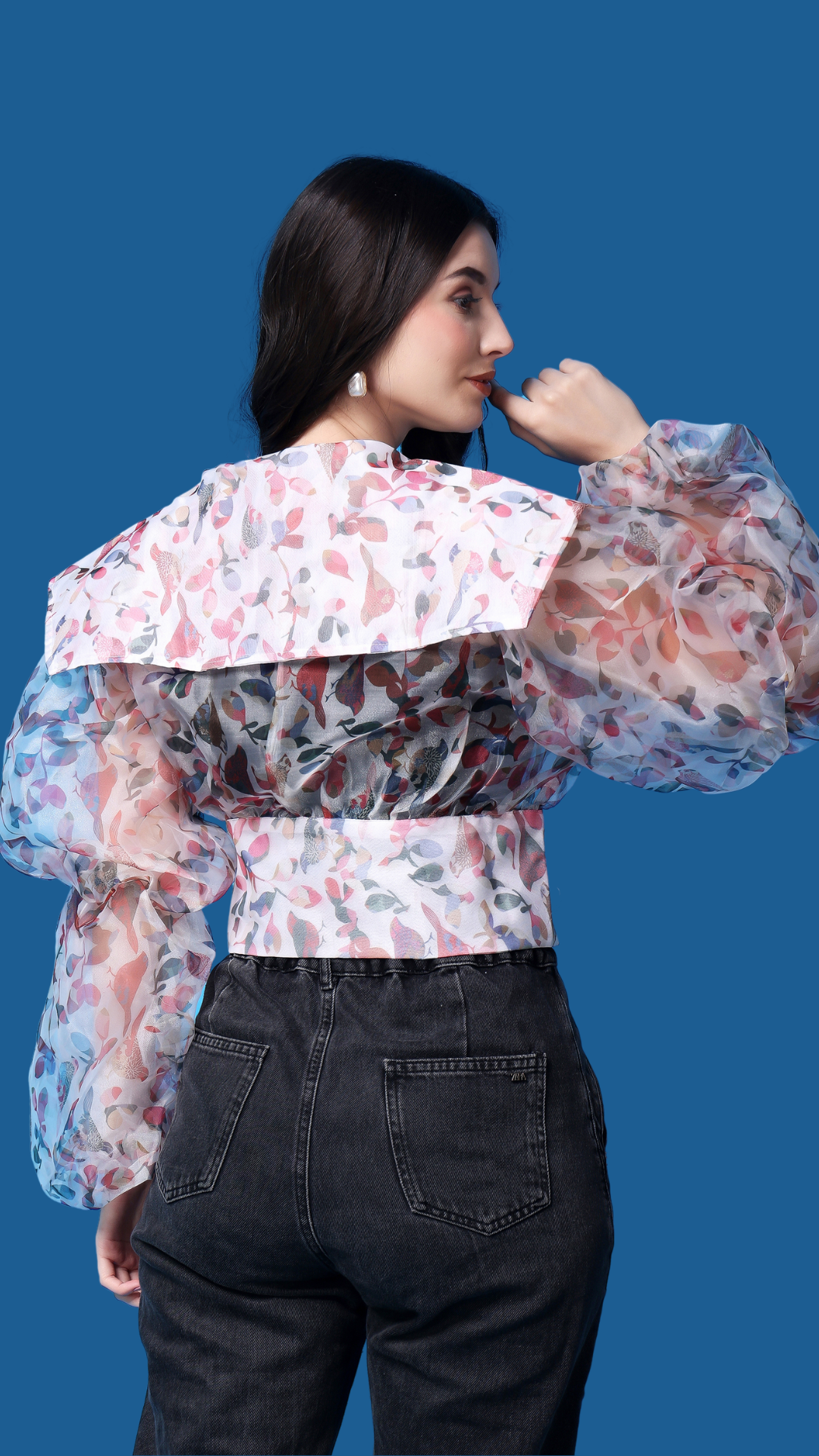 White Organza Floral Print Puffed Sleeves Top