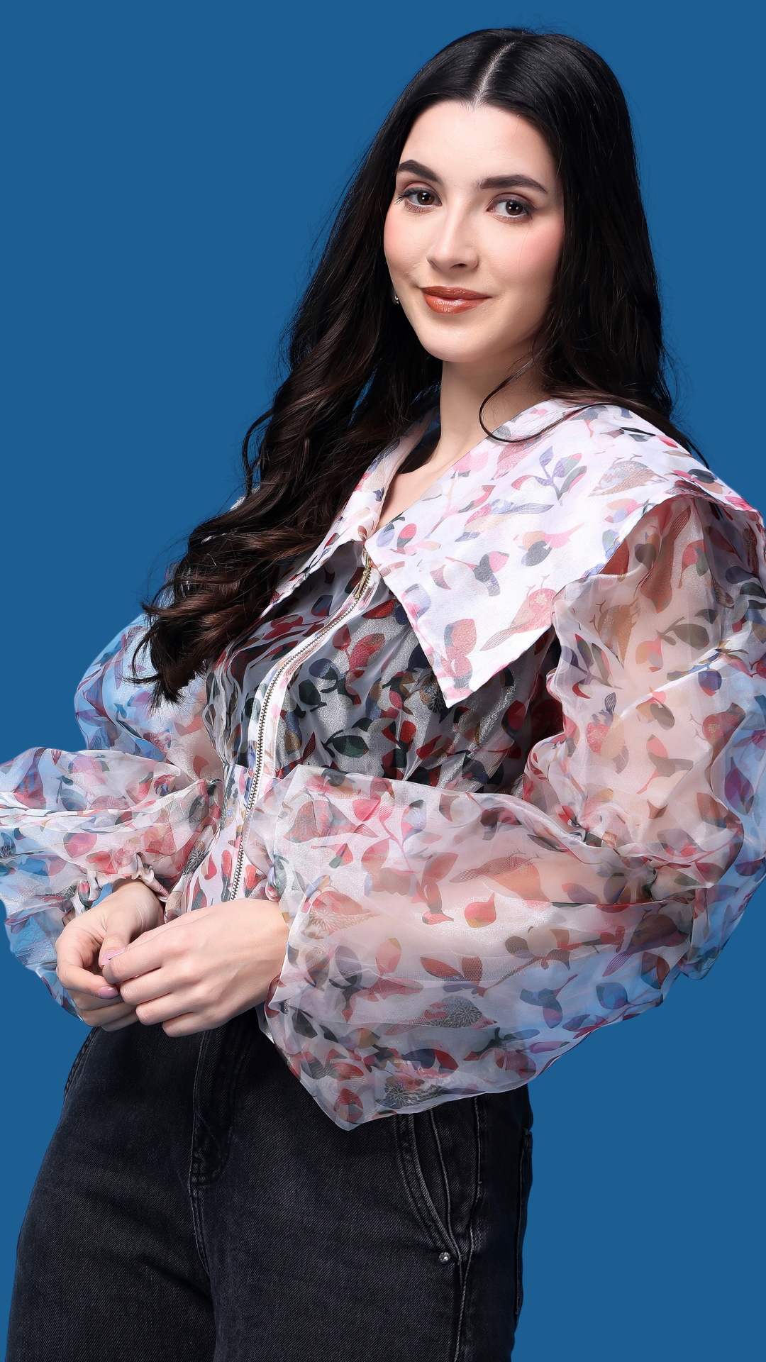 White Organza Floral Print Puffed Sleeves Top