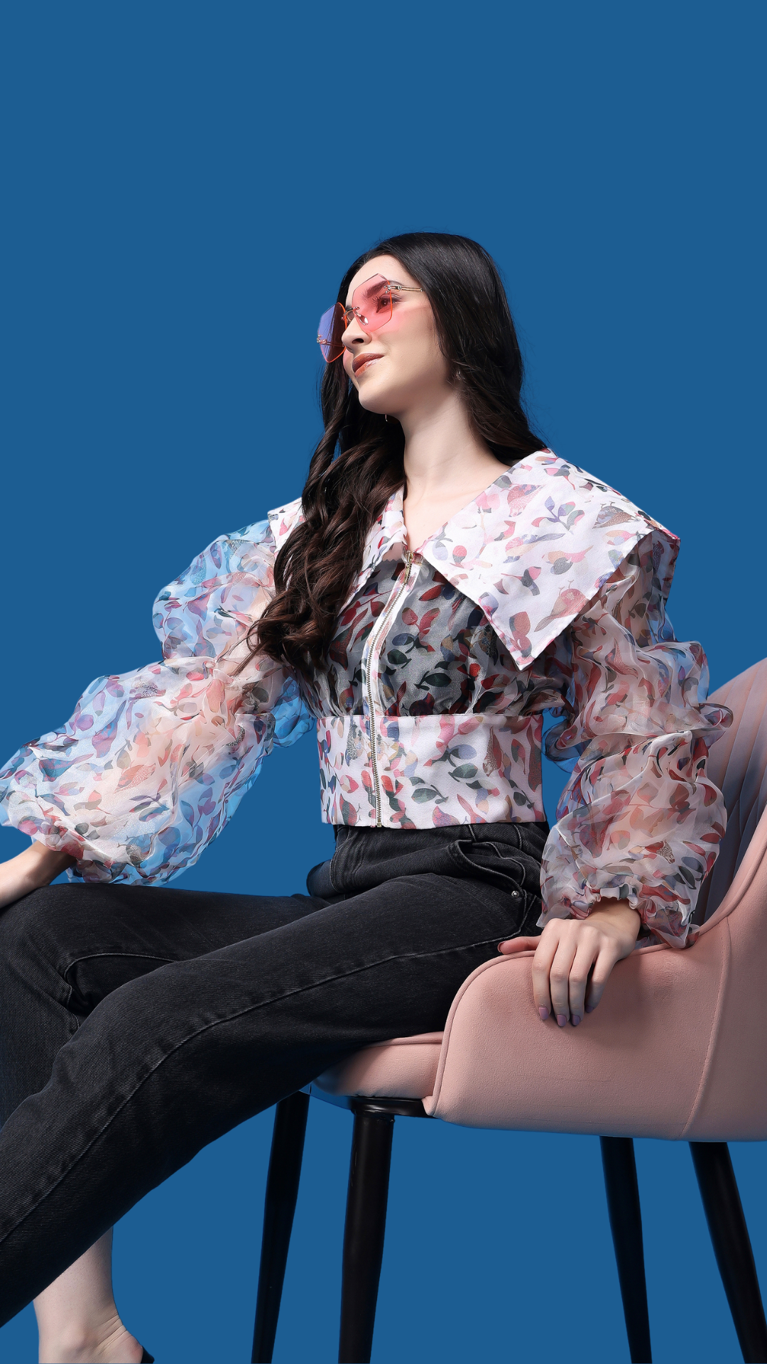 White Organza Floral Print Puffed Sleeves Top