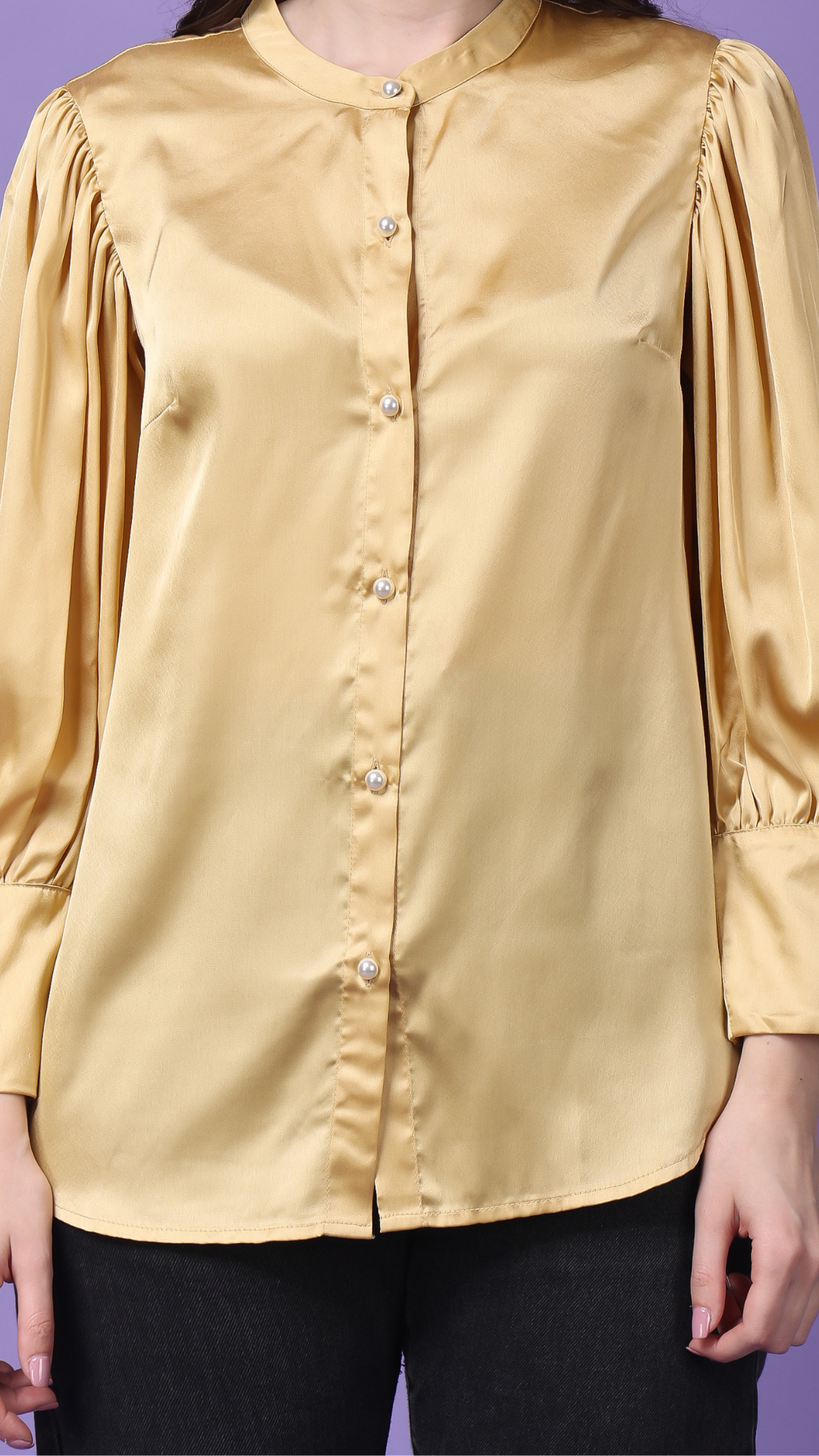 Golden Satin Symphony Pleated Sleeves Shirt