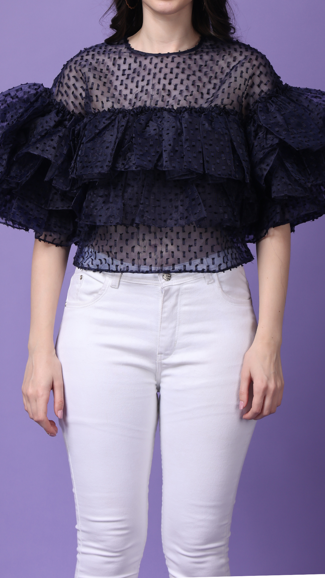 Navy Blue Organza Flying Bird Ruffled Top