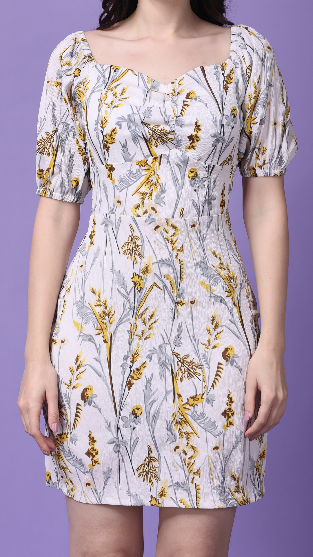 White Artsy Orchard Puff Sleeves Bodycon dress