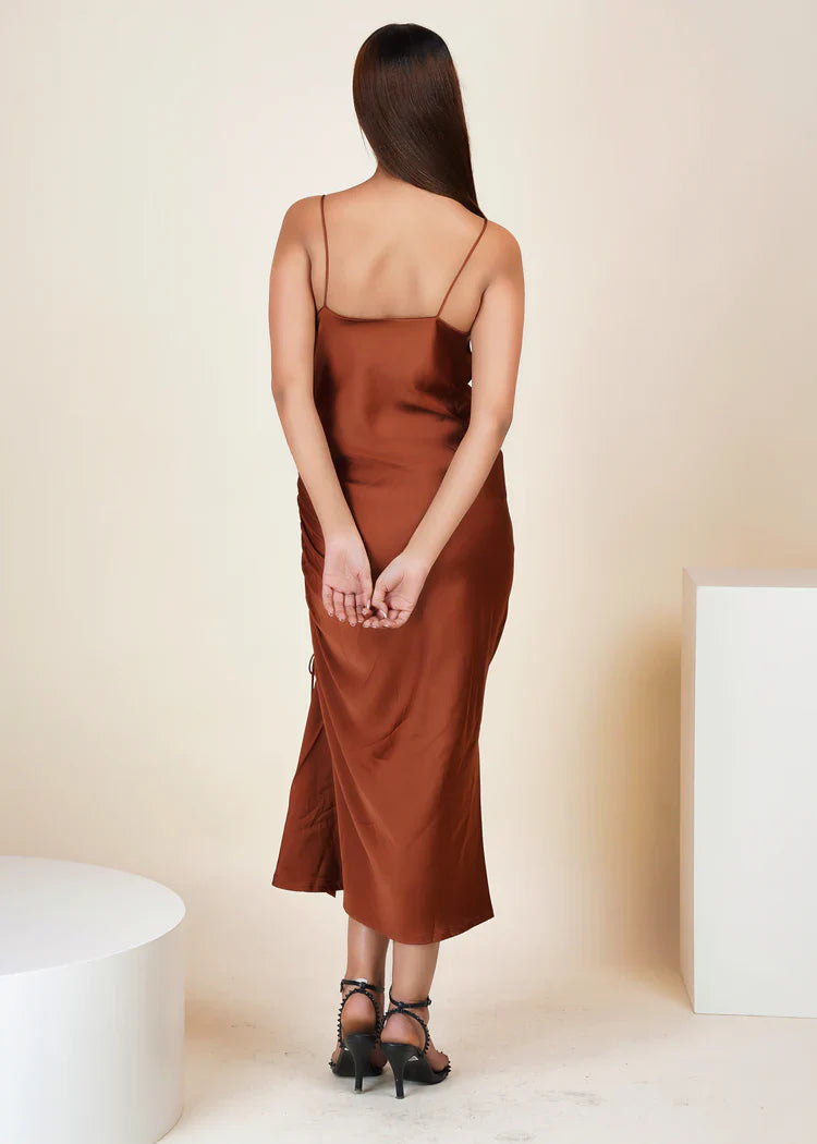 Copper Satin Sway Side Ruched Dress