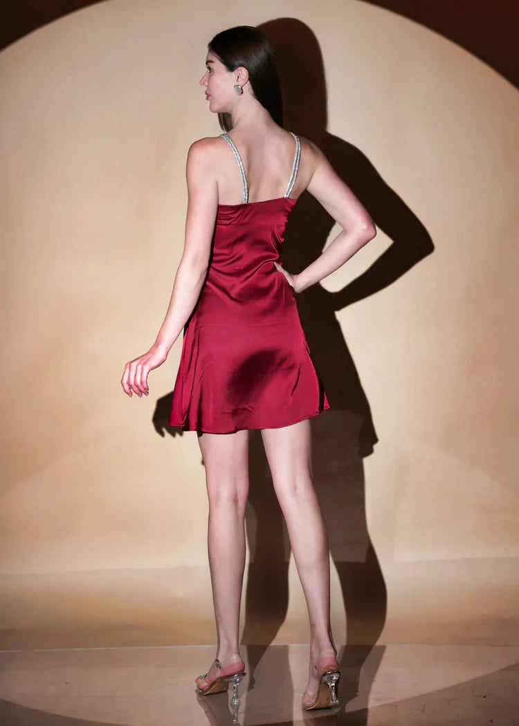 Maroon Celestial Satin Draft Mini Dress