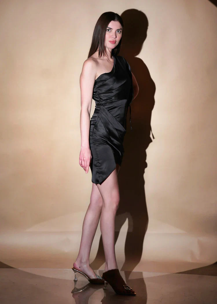 Black Sleek Satin One Shoulder Hanging Sleeves Style Dress