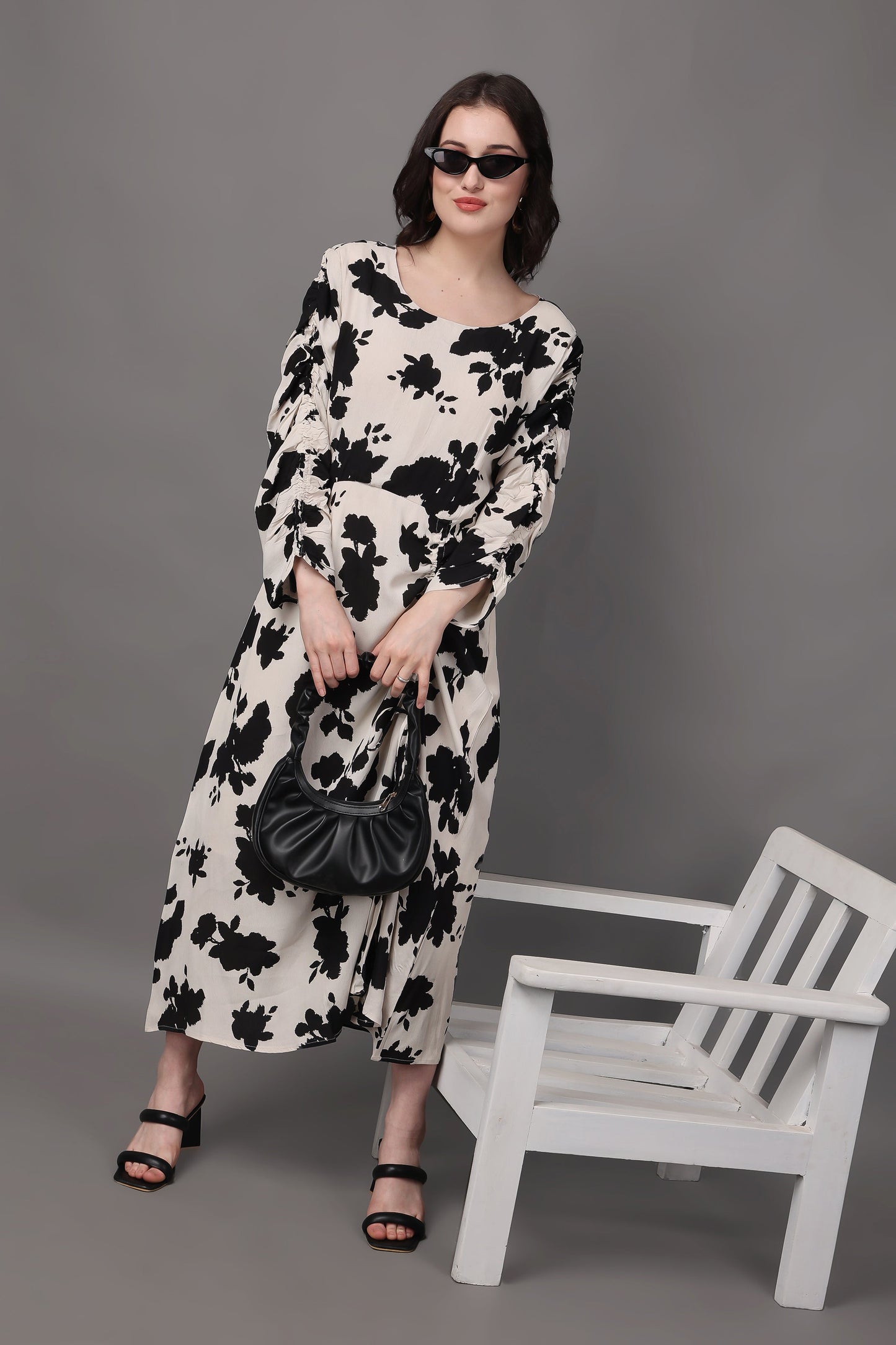 Cream and Black Floral Print Ruched Dress With Drawstring