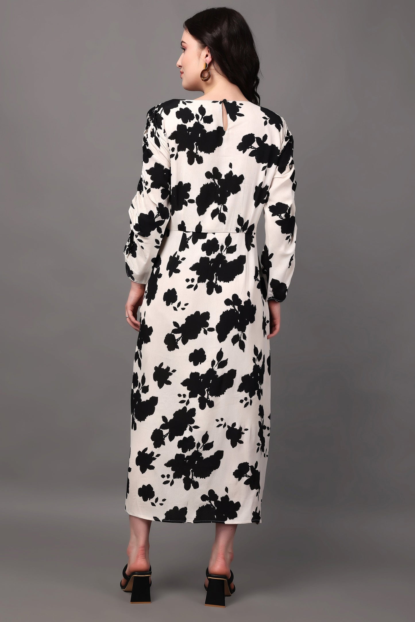 Cream and Black Floral Print Ruched Dress With Drawstring