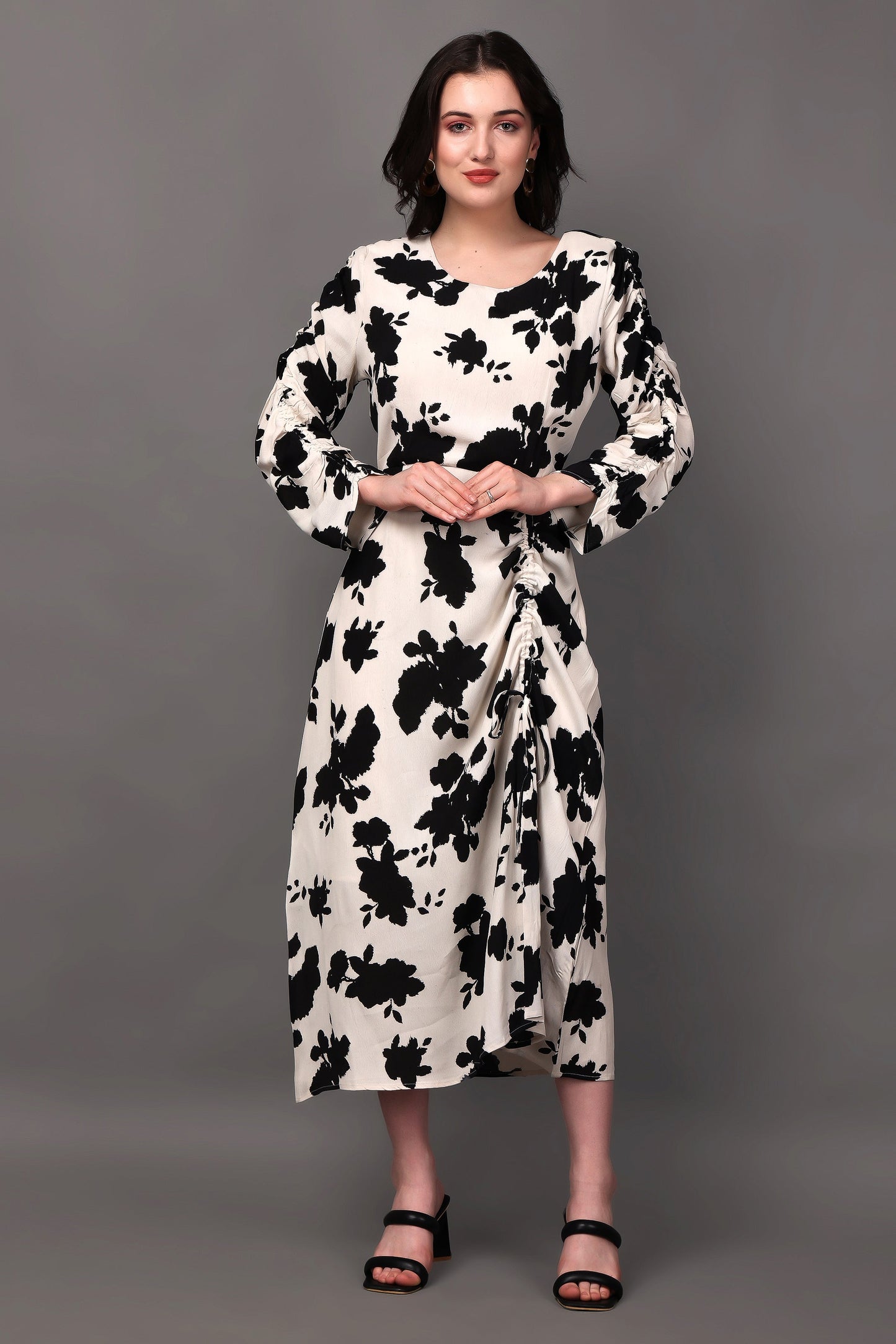Cream and Black Floral Print Ruched Dress With Drawstring