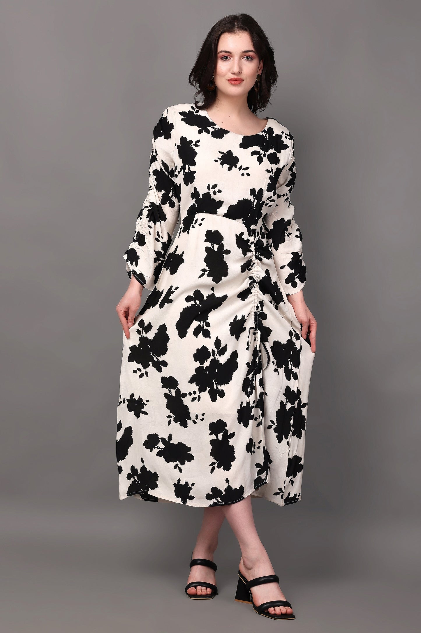 Cream and Black Floral Print Ruched Dress With Drawstring