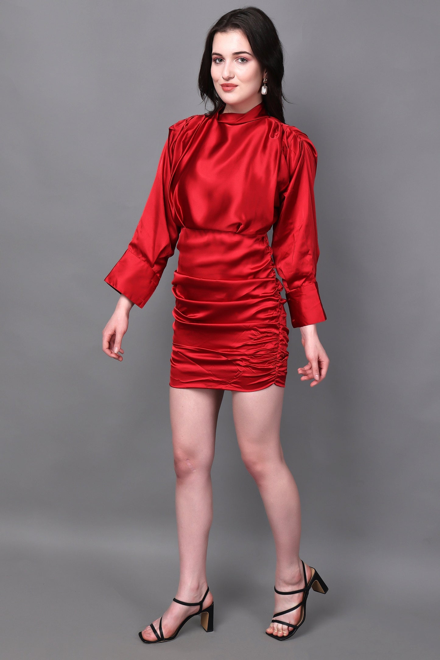Classy Red Puff Sleeves Ruched Detailed Dress