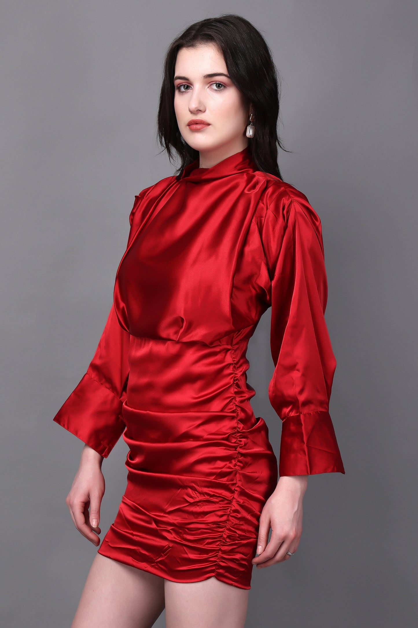Classy Red Puff Sleeves Ruched Detailed Dress