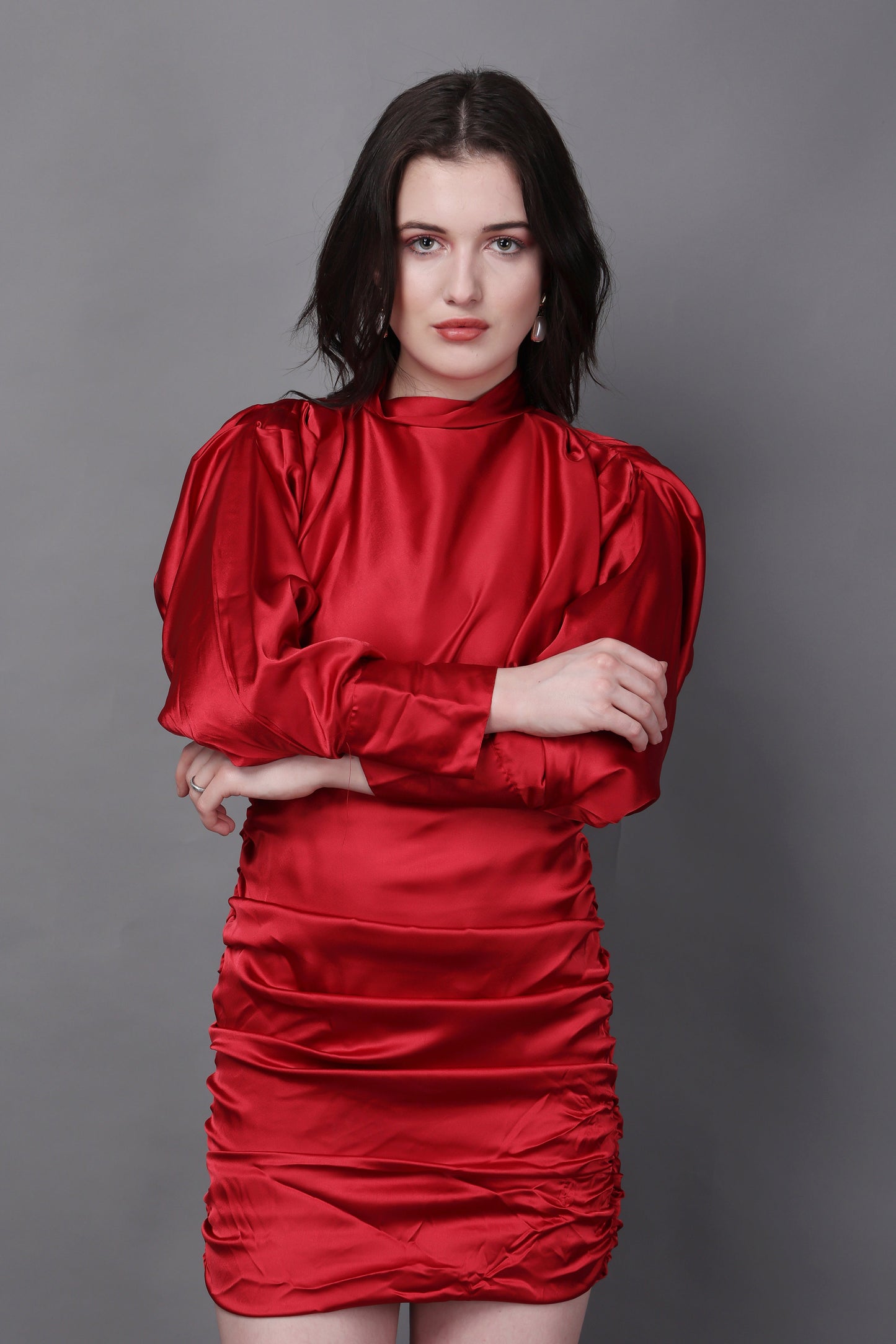 Classy Red Puff Sleeves Ruched Detailed Dress