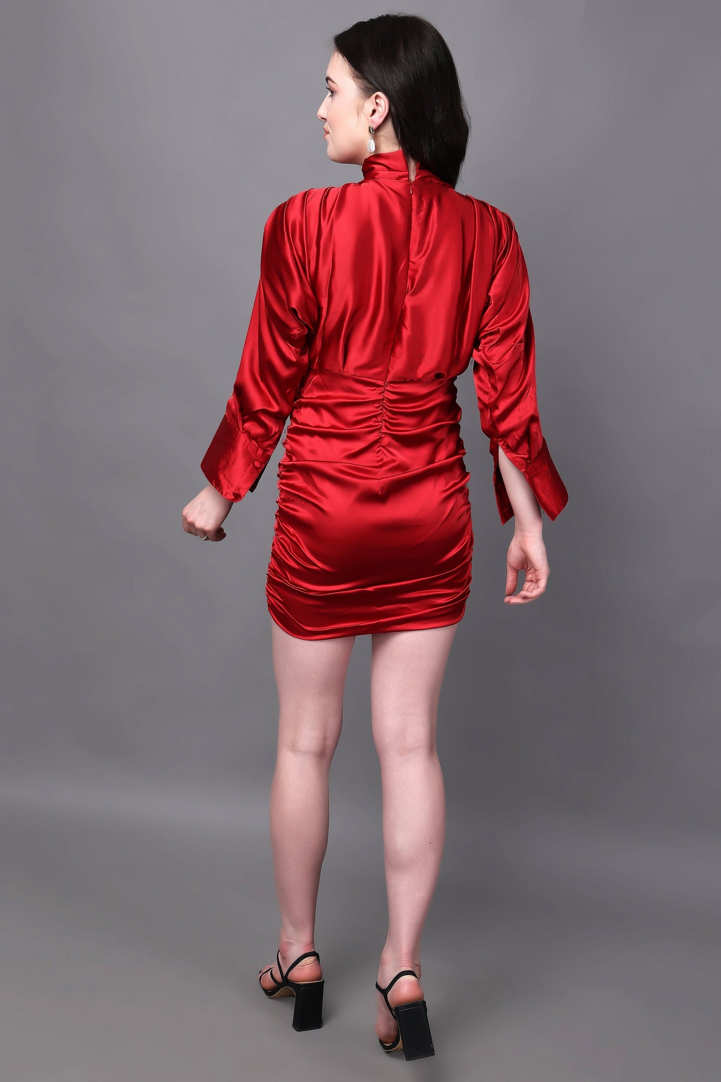 Classy Red Puff Sleeves Ruched Detailed Dress