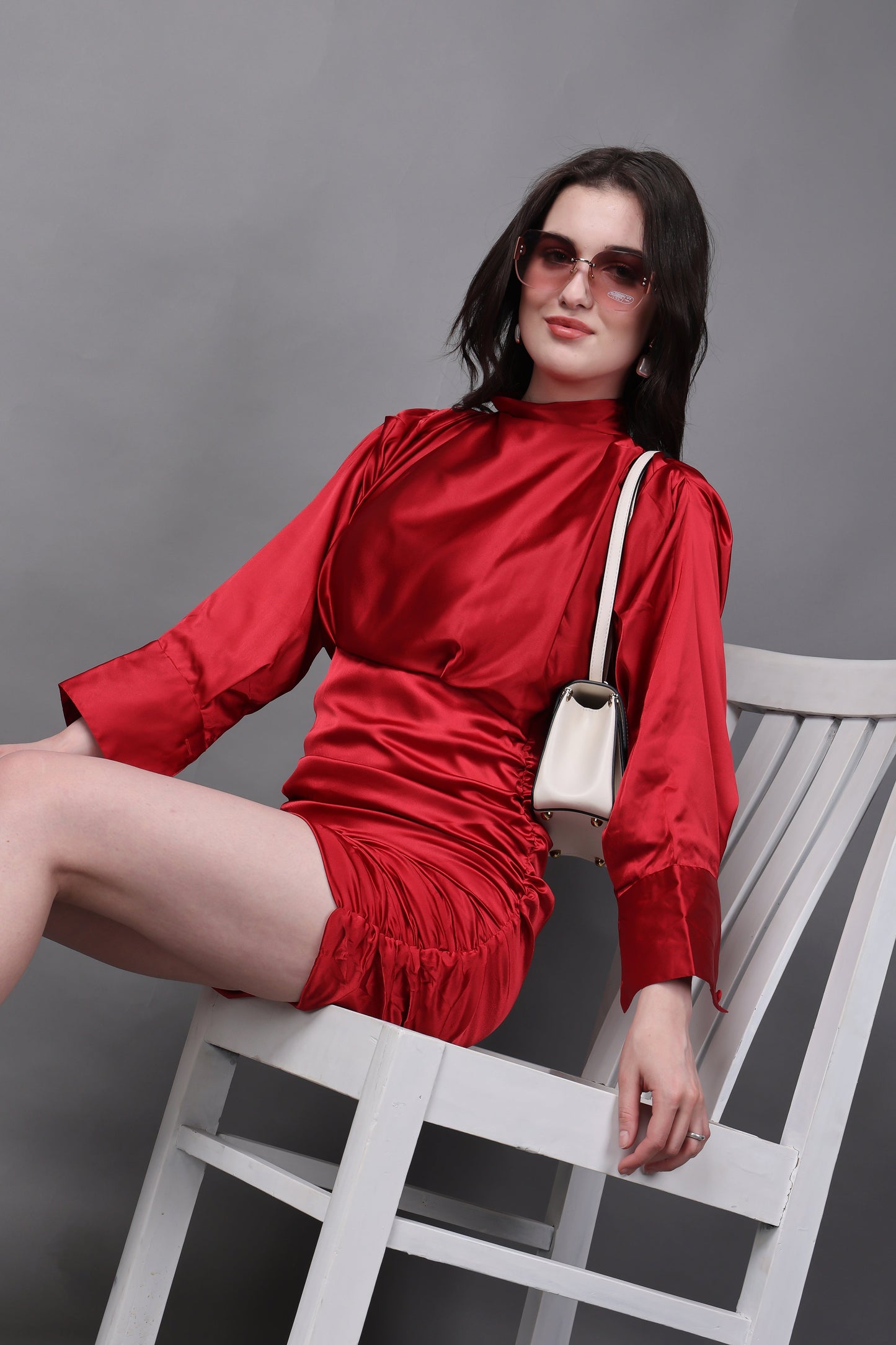 Classy Red Puff Sleeves Ruched Detailed Dress