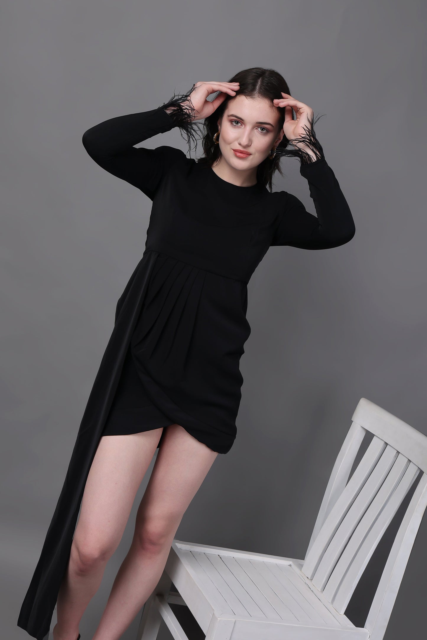 Elegant Black Draped Feather Dress