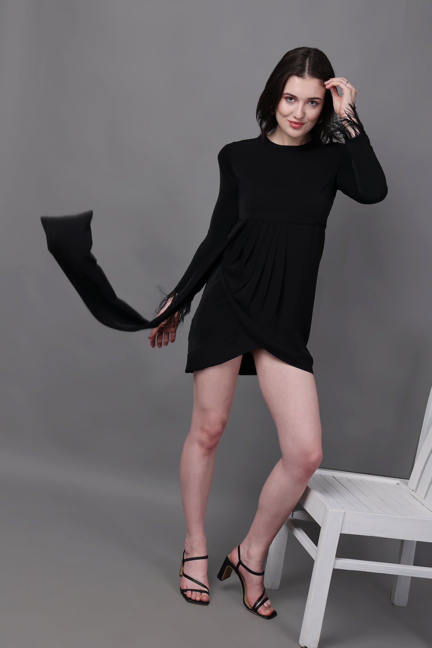 Elegant Black Draped Feather Dress