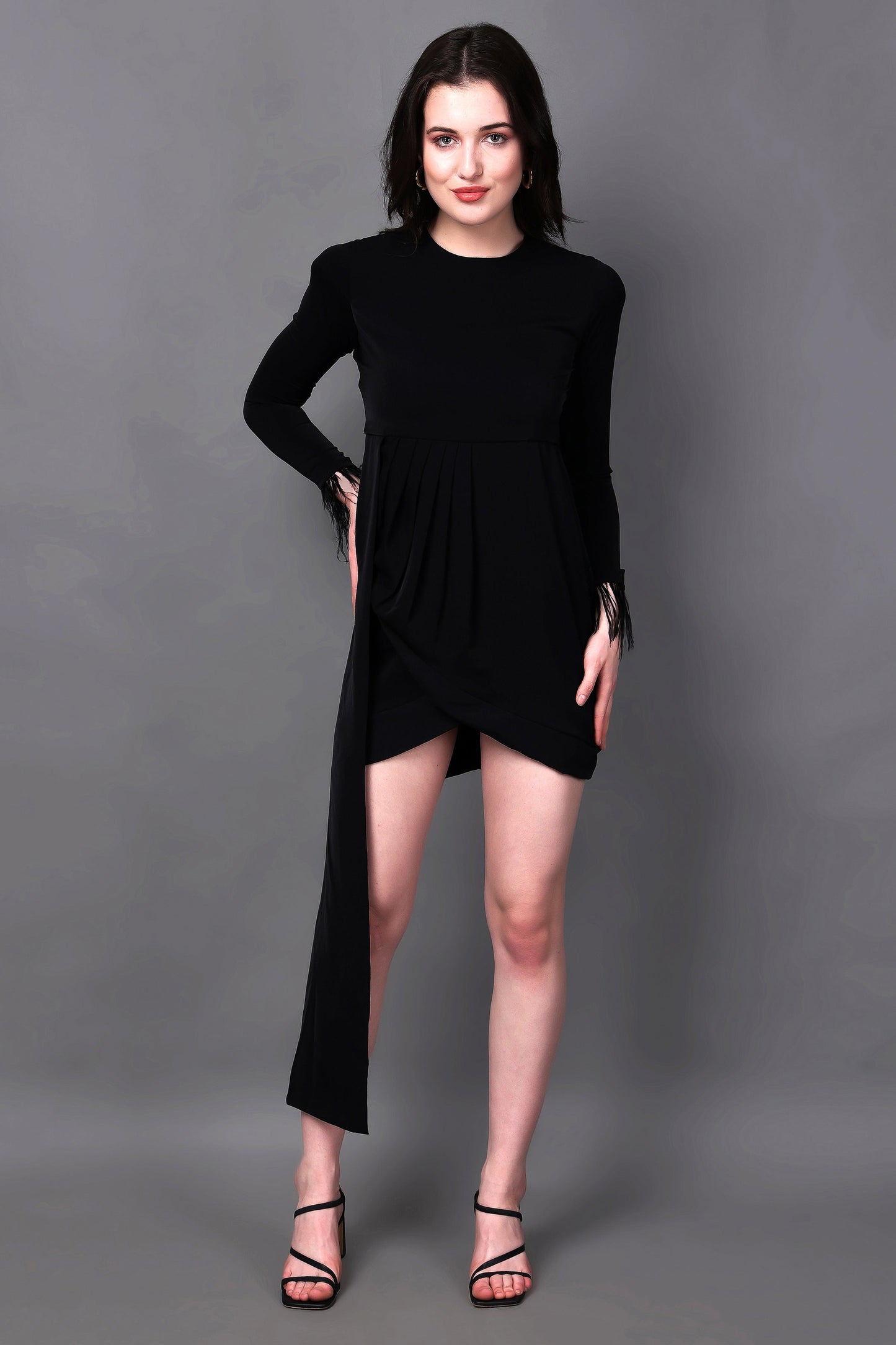 Elegant Black Draped Feather Dress