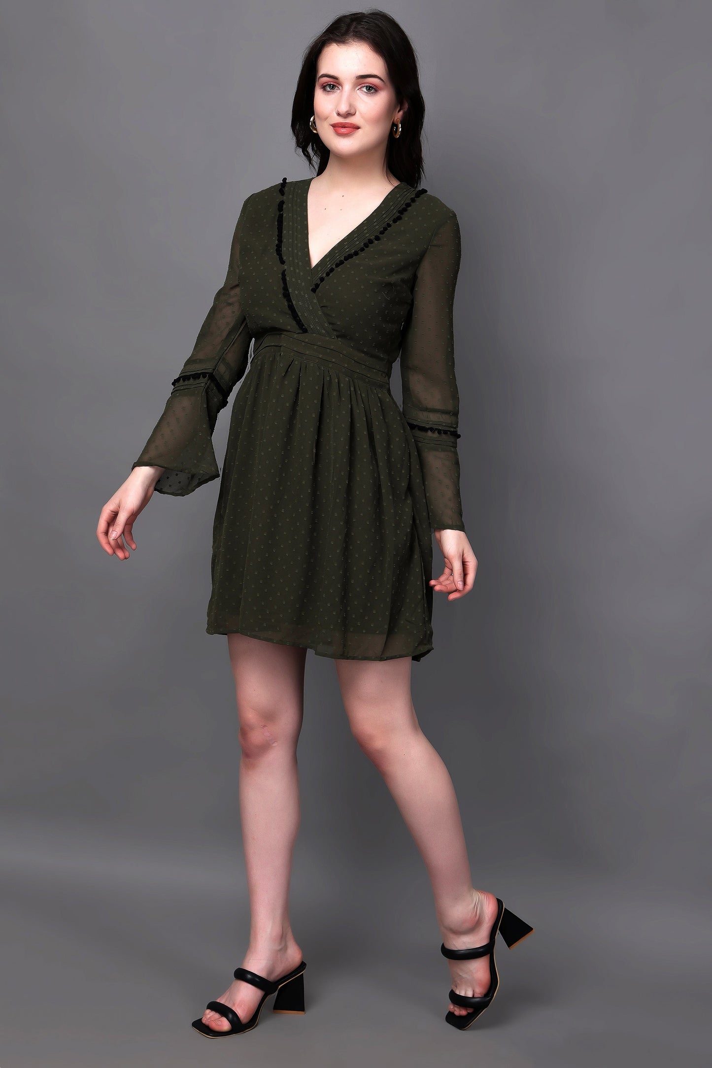 Olive Green Bell Sleeves Midi Dress