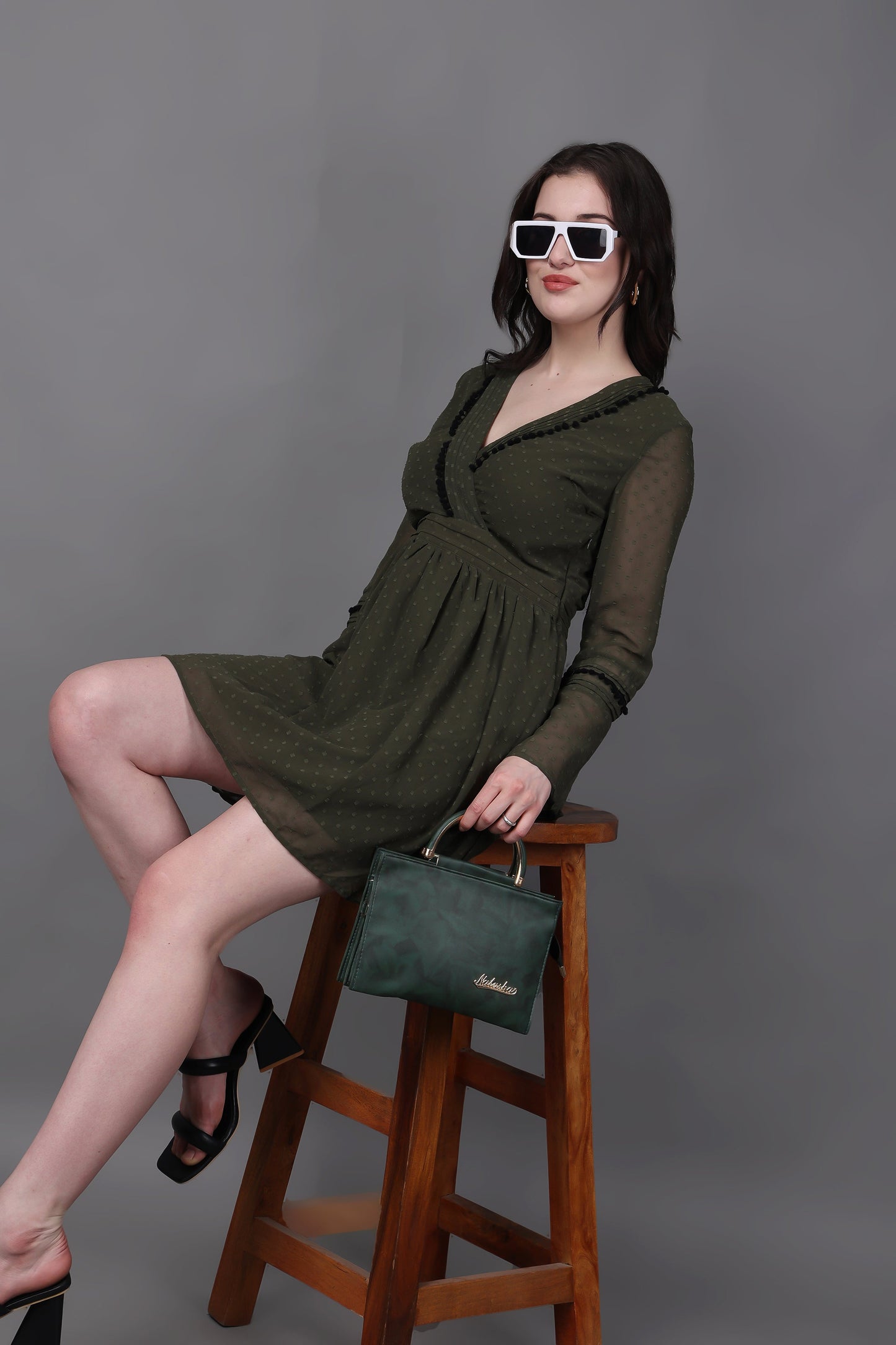 Olive Green Bell Sleeves Midi Dress