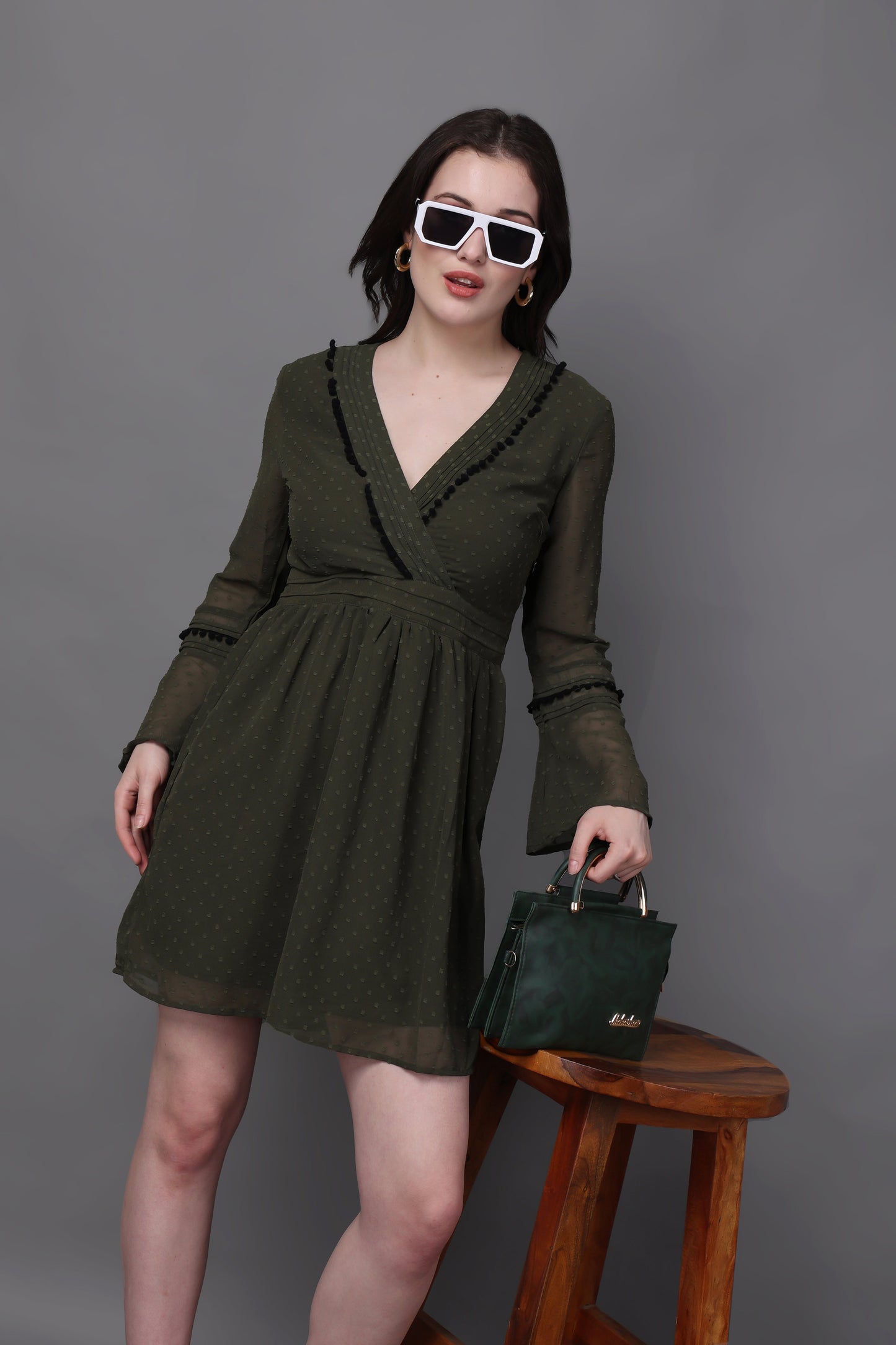 Olive Green Bell Sleeves Midi Dress