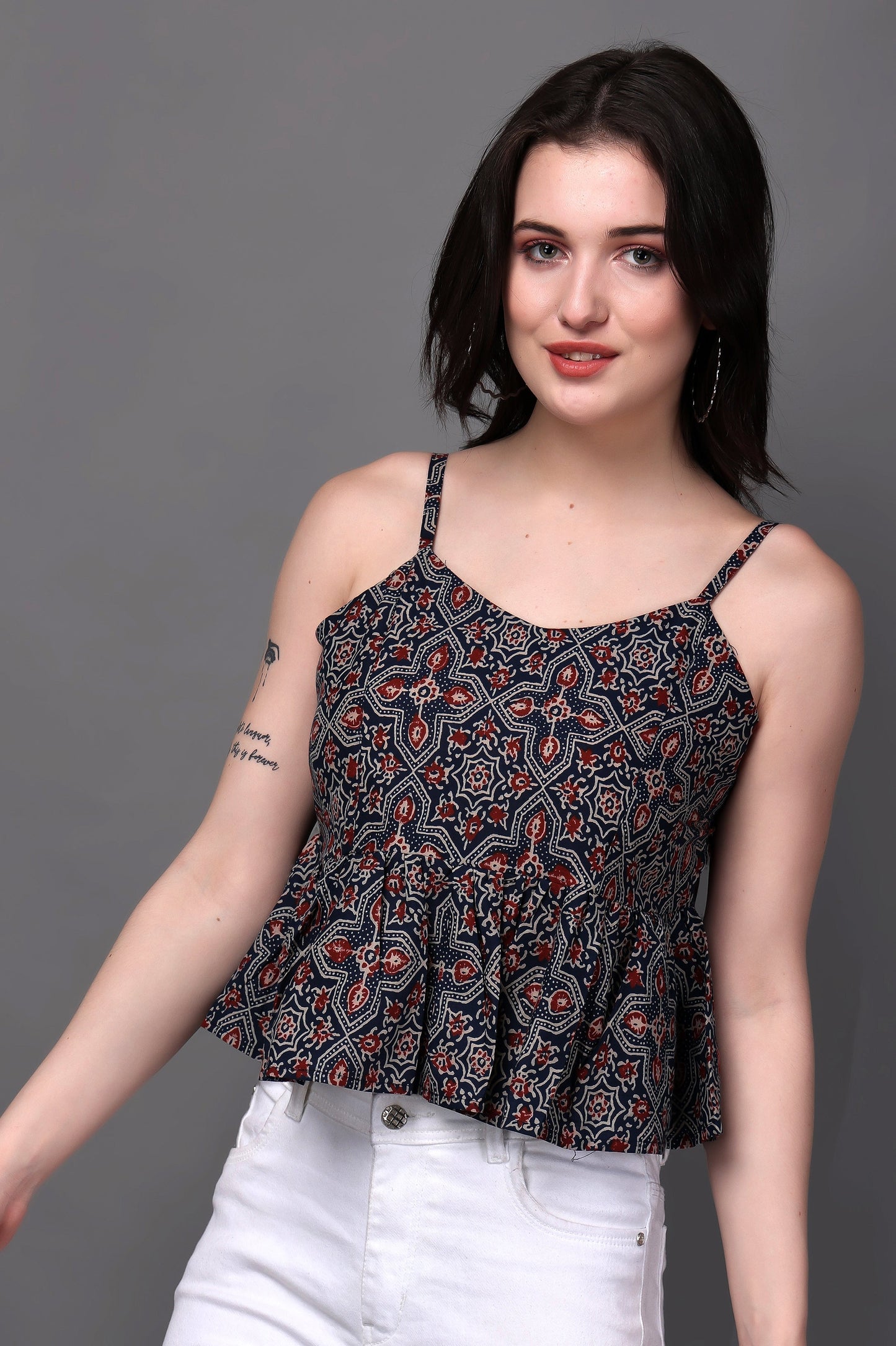 Multicolour Block Print Spaghetti Top