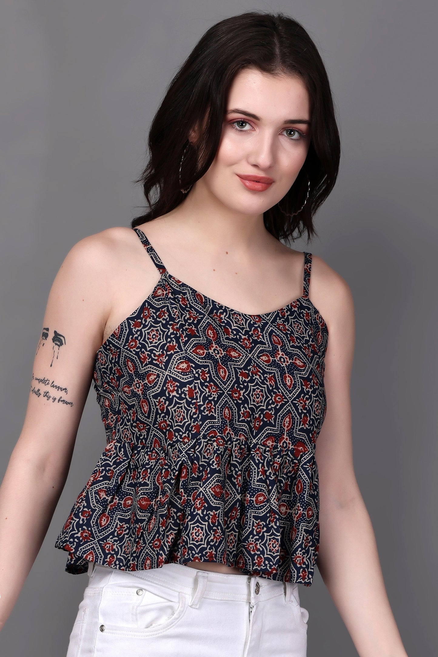Multicolour Block Print Spaghetti Top