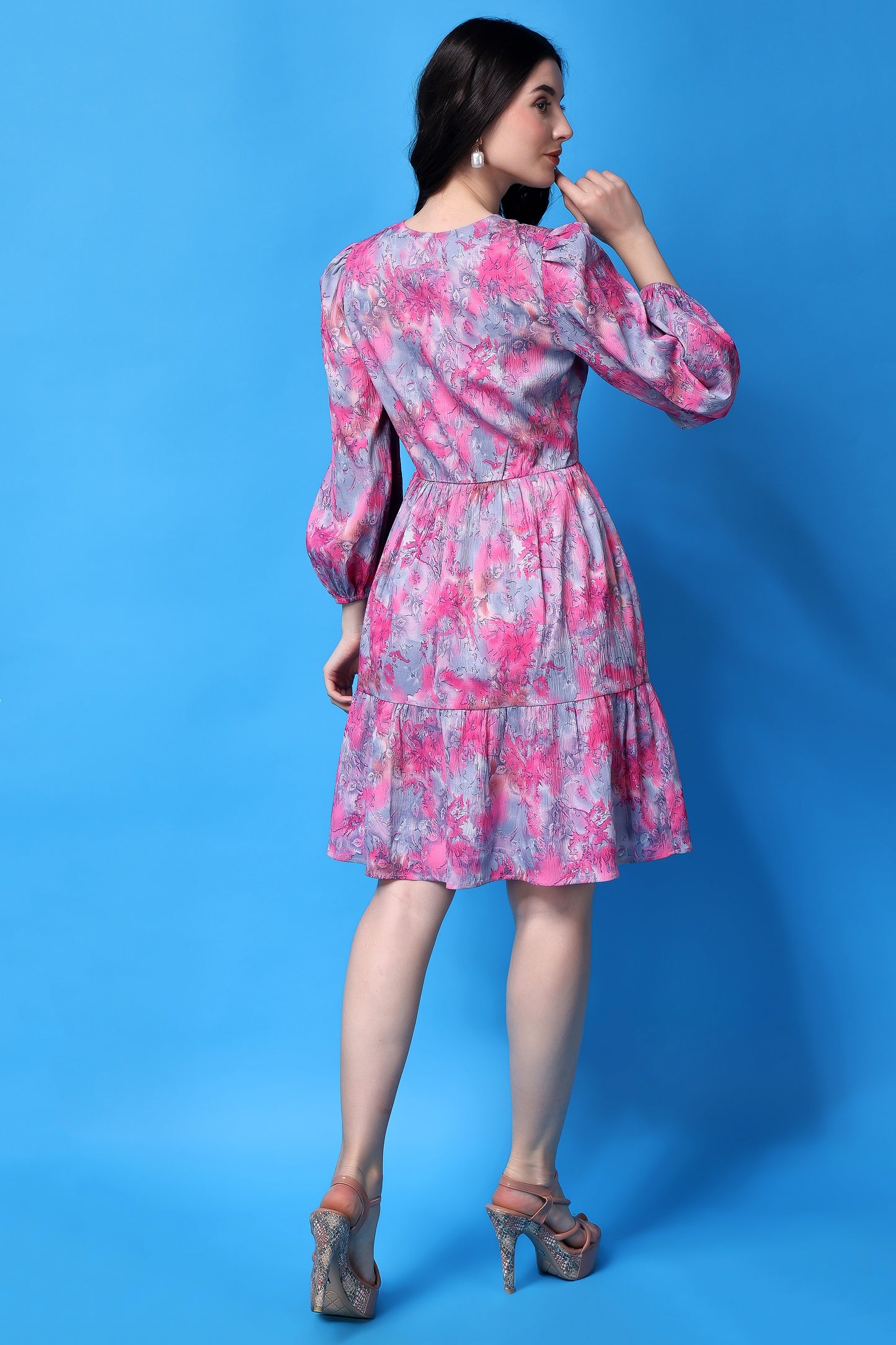 Elegant Multicolour Balloon Sleeves Tiered Dress