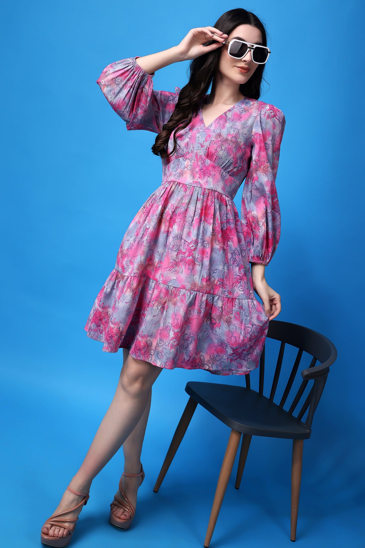 Elegant Multicolour Balloon Sleeves Tiered Dress