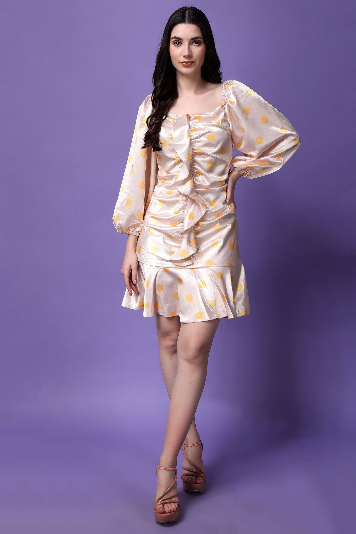 Cream Polka Print Balloon Sleeves Ruffled Dress
