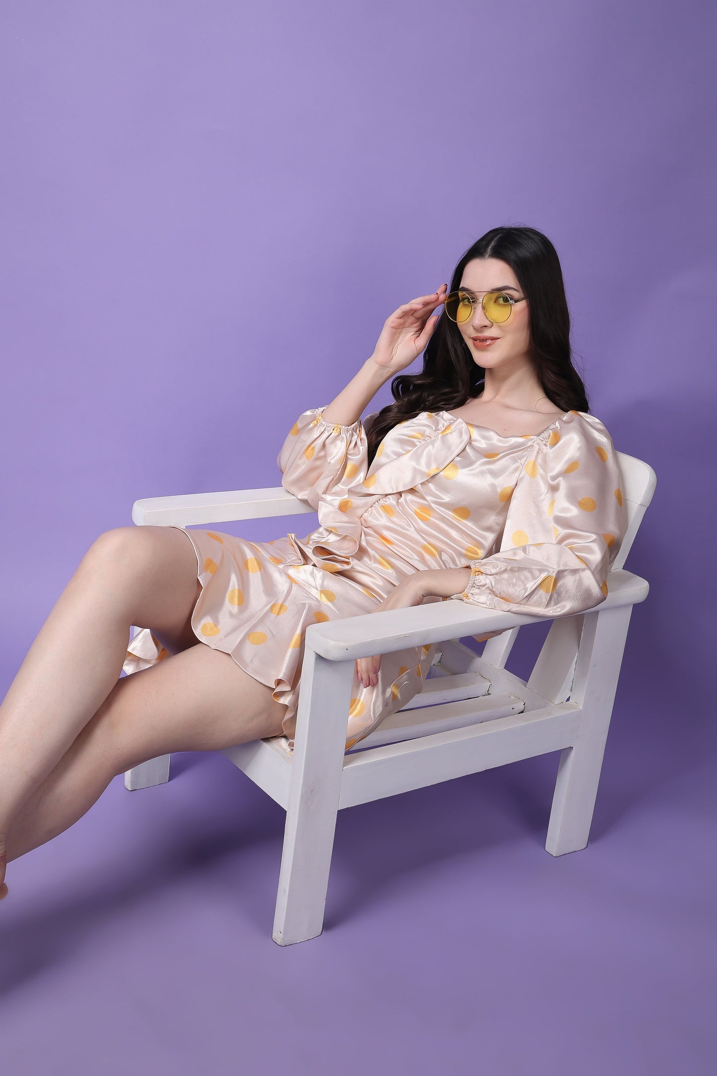 Cream Polka Print Balloon Sleeves Ruffled Dress