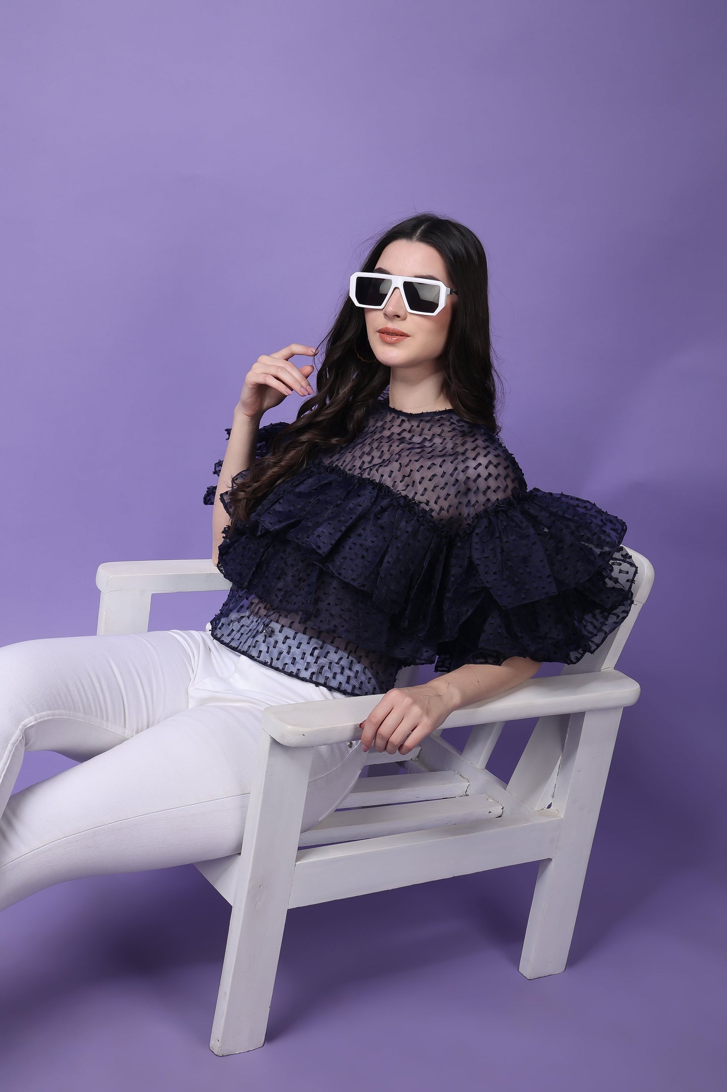 Navy Blue Organza Flying Bird Ruffled Top